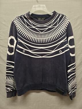 Rocawear BLK Sweatshirt Mens Medium Navy Allover Graphic Crewneck Pullover